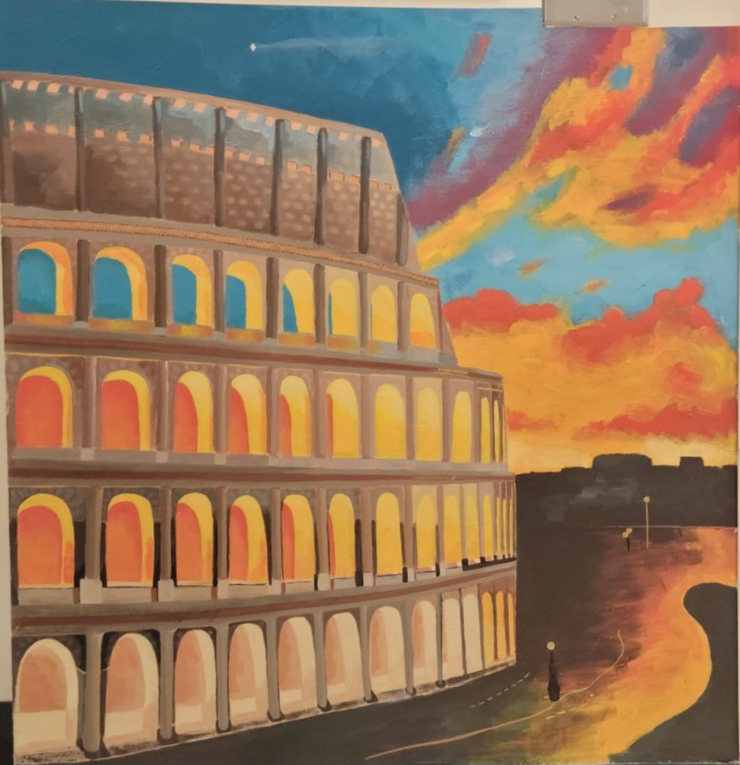 Roman Colosseum mural at sunset
