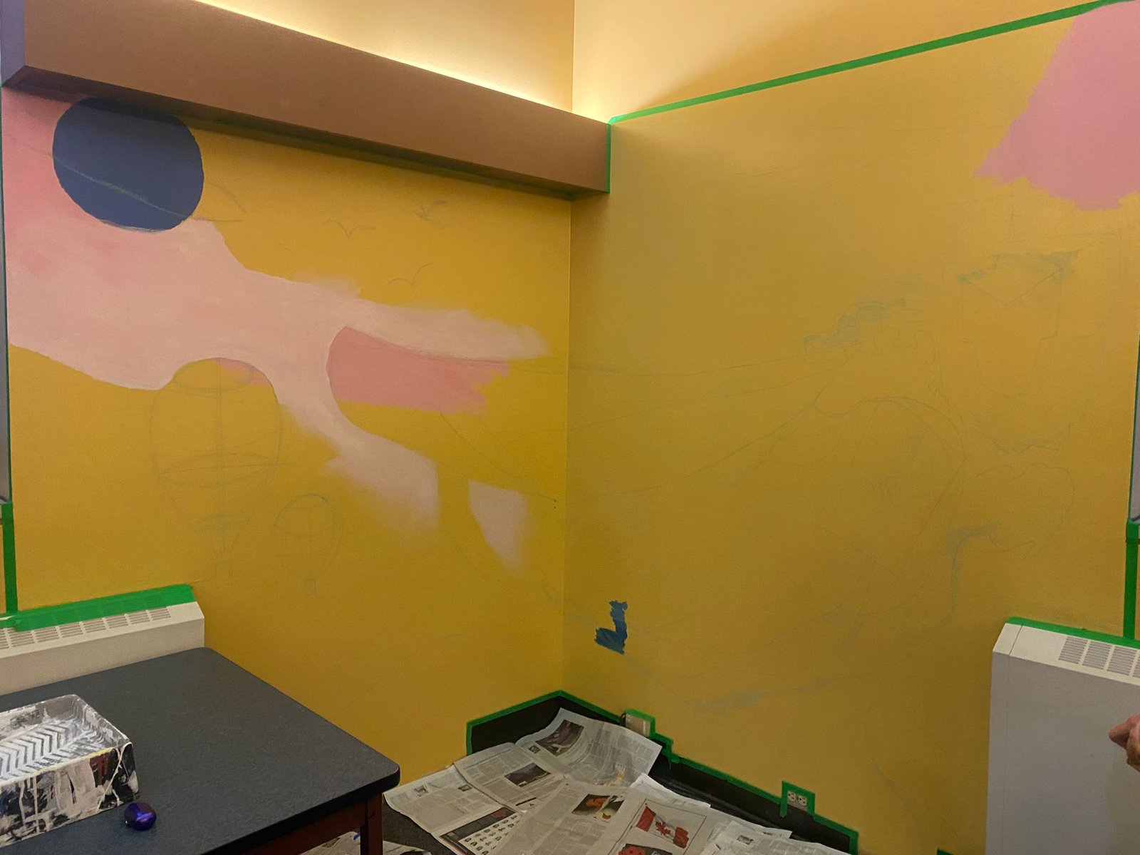 Whale mural in progress, early stage